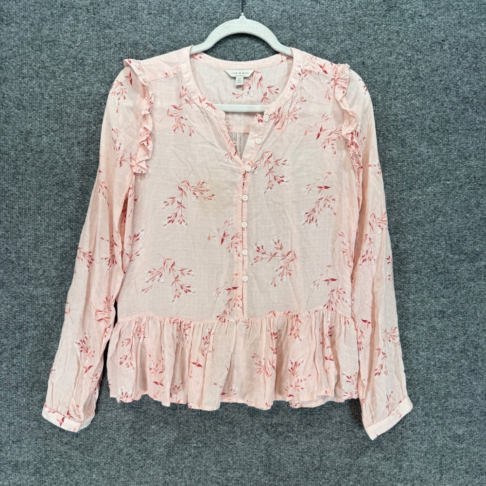 Lucky Brand Top Women Small Pink Floral Ruffle Peplum Boho Button Peasant Blouse
